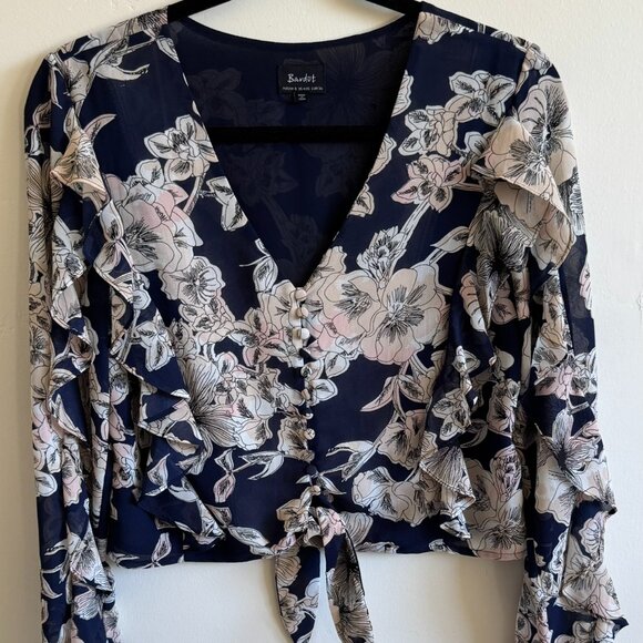 Bardot Floral Tie Front Blouse XS | Navy Ruffle Sleeve V-Neck Boho Top - Picture 3 of 6